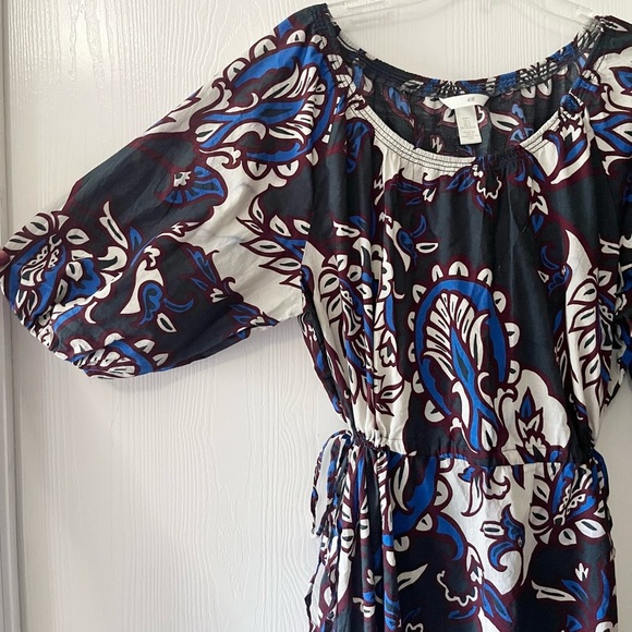 H&M Navy and White Floral Puff Sleeves with Draw String Cinched Waist Maxi Dress - Picture 6 of 11